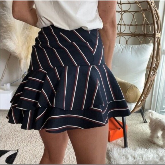 EXPRESS Tiered Asymmetrical Ruffle Navy Blue Red White Striped Skirt (Size 8) - Picture 2 of 6